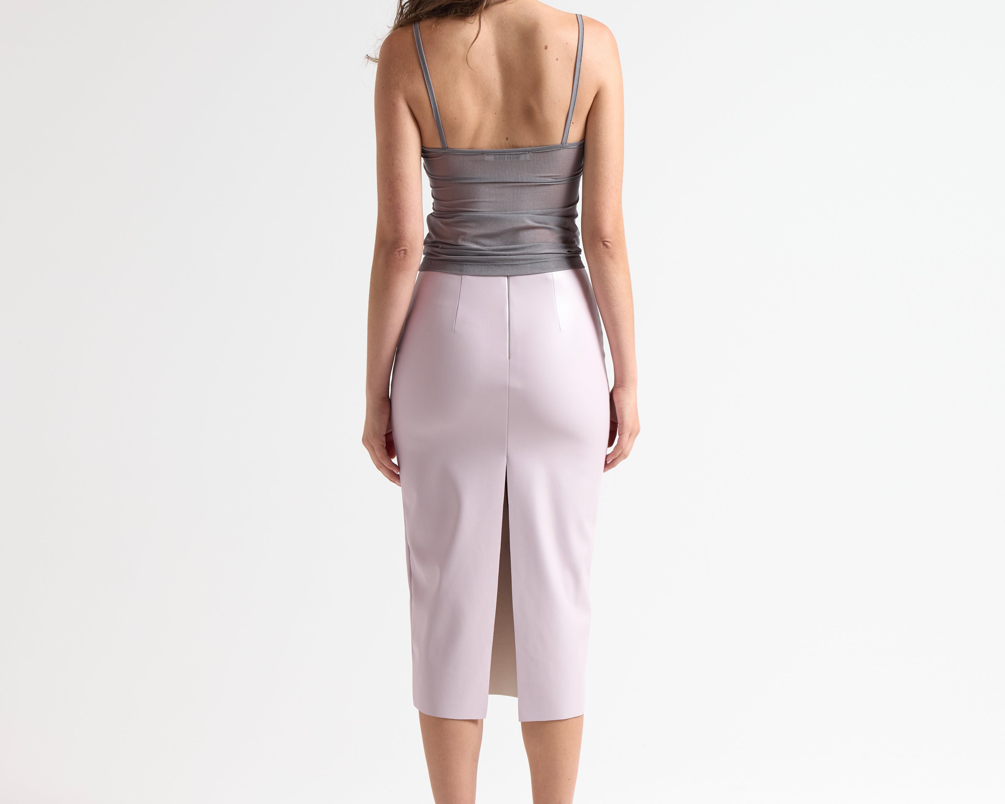 model wearing sener besim sheer tank top camisole in silver grey