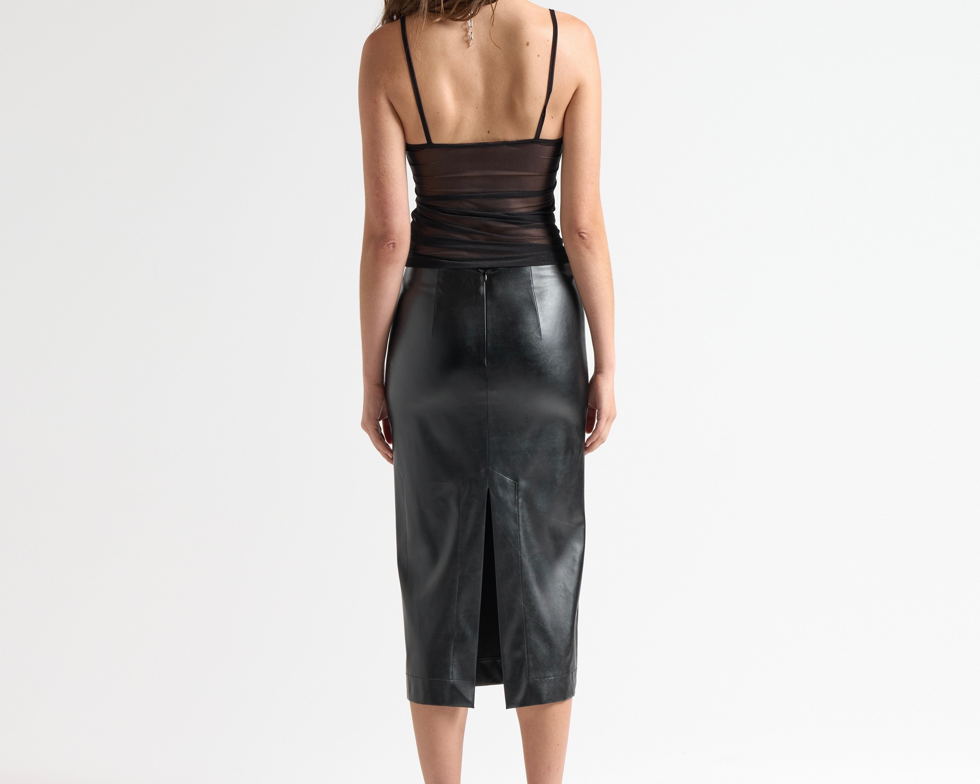thin strap sheer singlet back view of model wearing sener besim