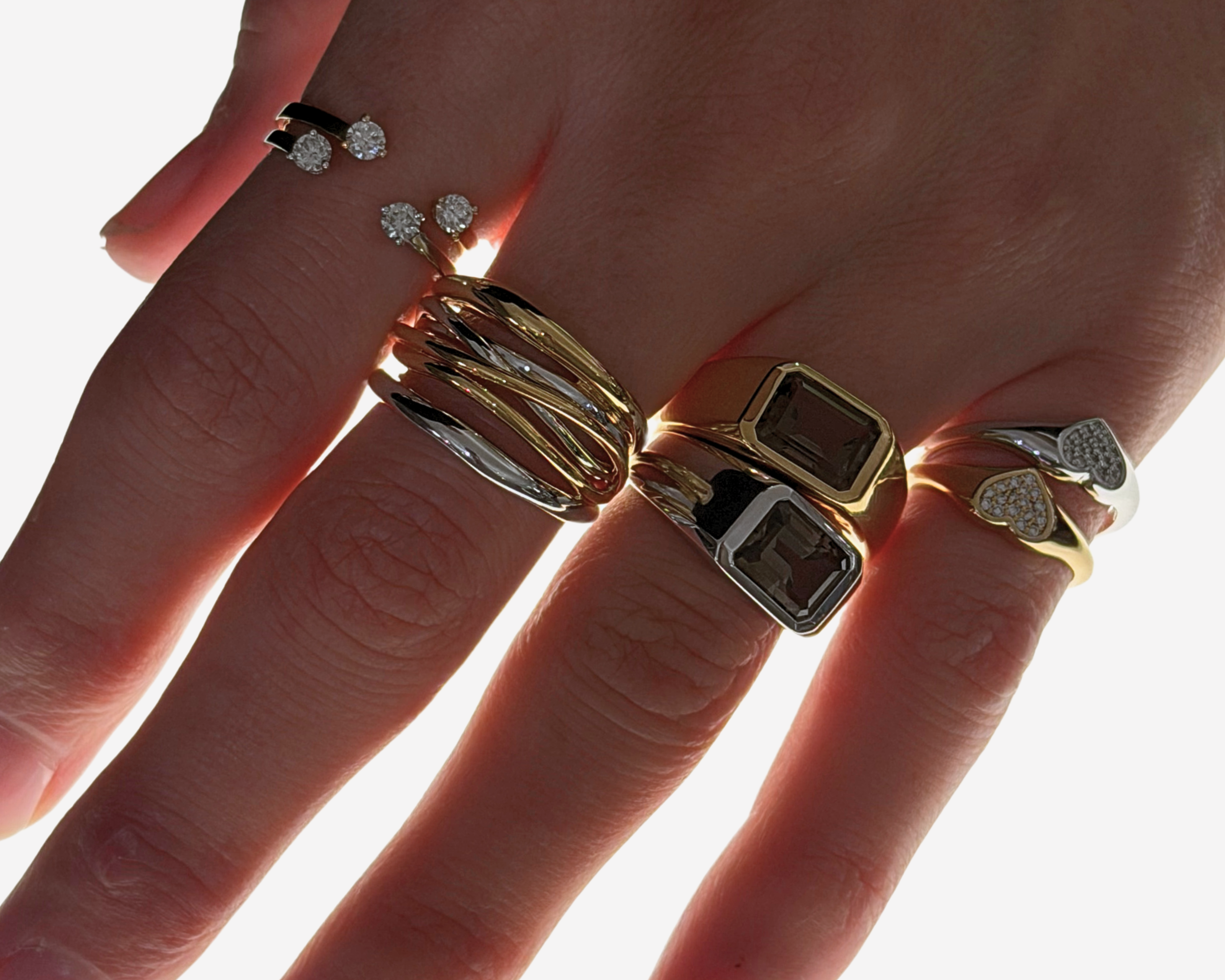 Close up Şener Besim Unisex Gem Ring in rhodium plating with smoky quartz stacked on hand— Silver