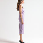 vegan leather violet tank top on model by sener besim side view