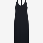 Close up of ruched Y-back detail on Şener Besim midi dress in black