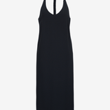 Close up of ruched Y-back detail on Şener Besim midi dress in black