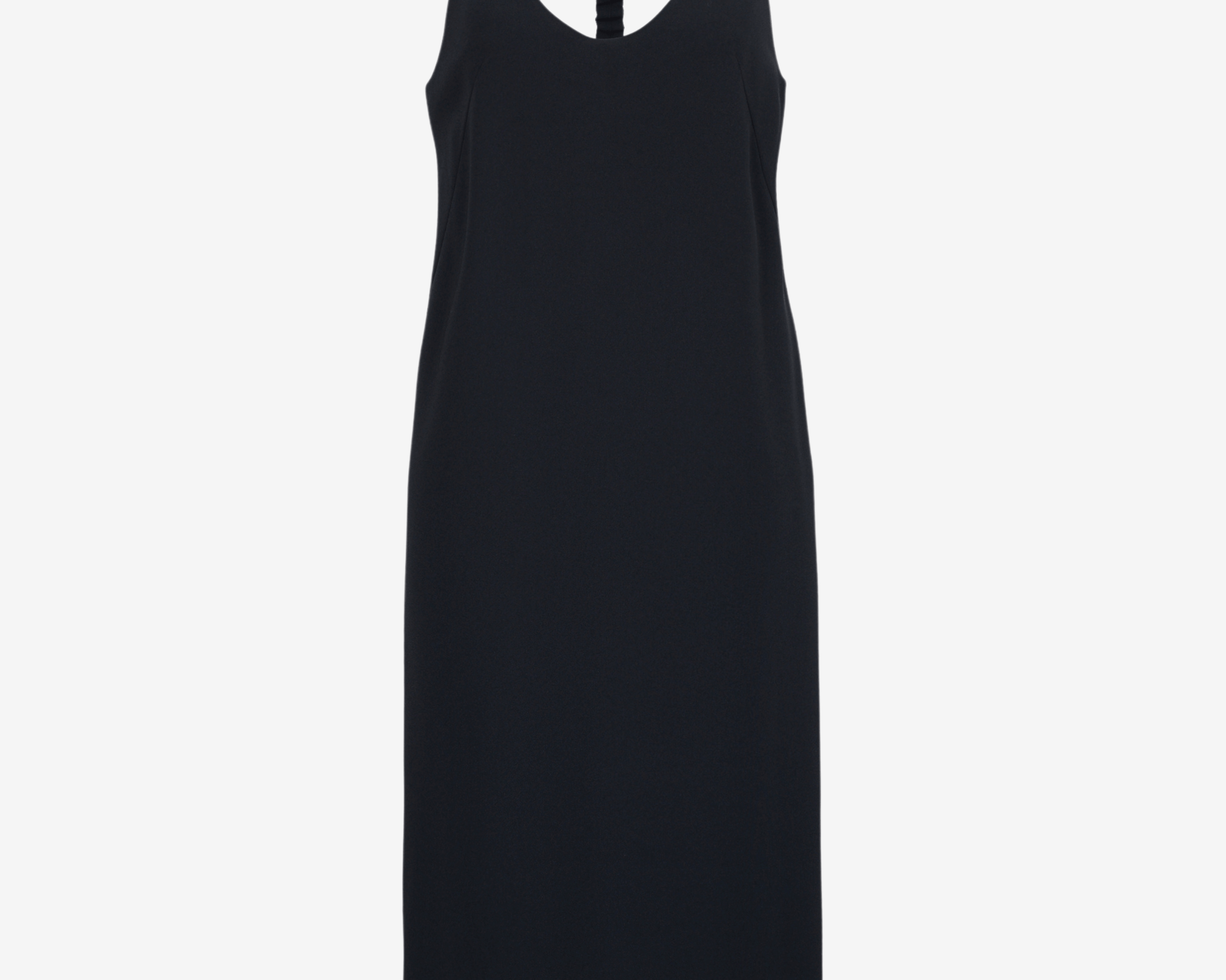 Close up of ruched Y-back detail on Şener Besim midi dress in black