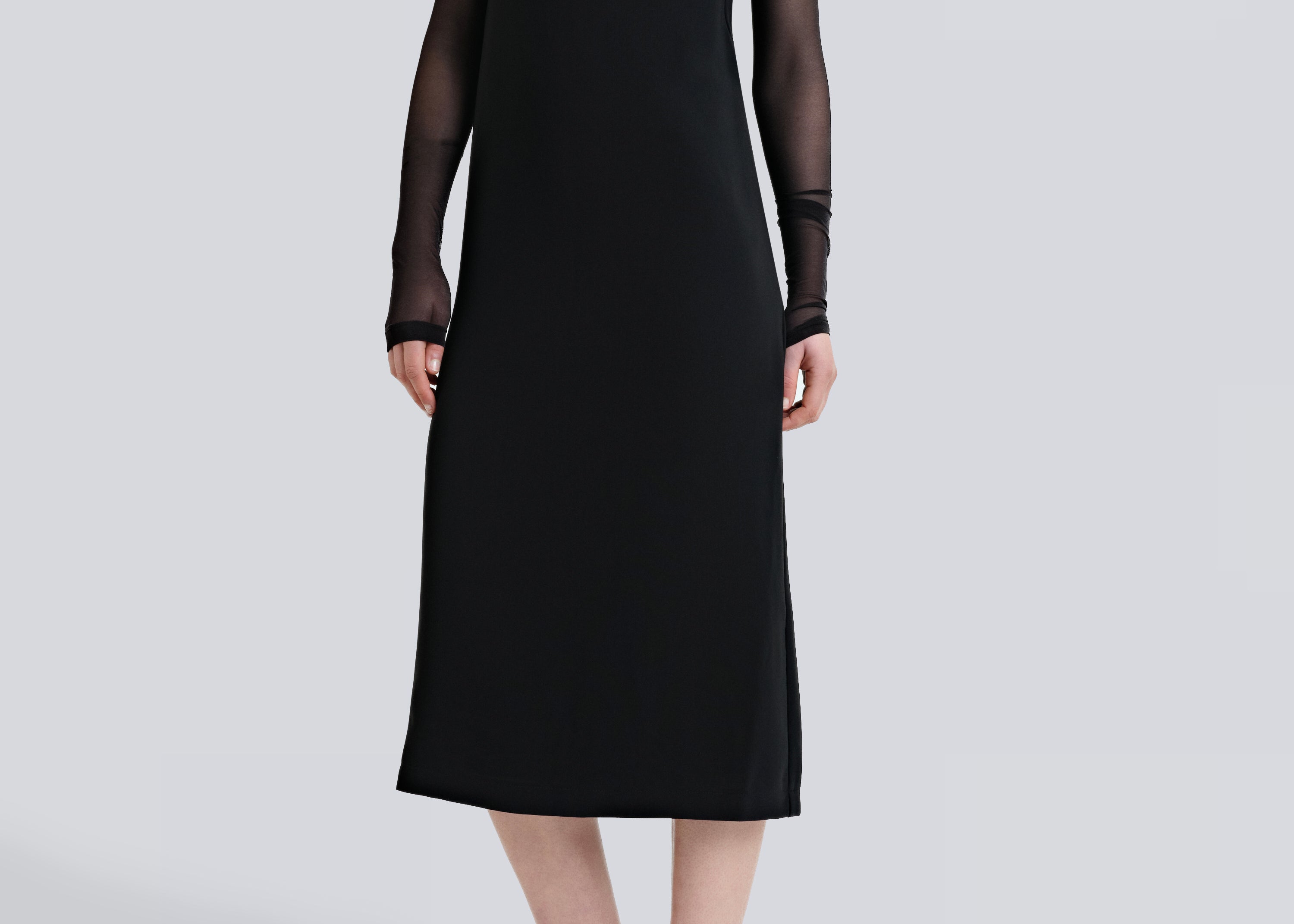 Şener Besim Y Back Dress in black — front view, midi length with V-neckline