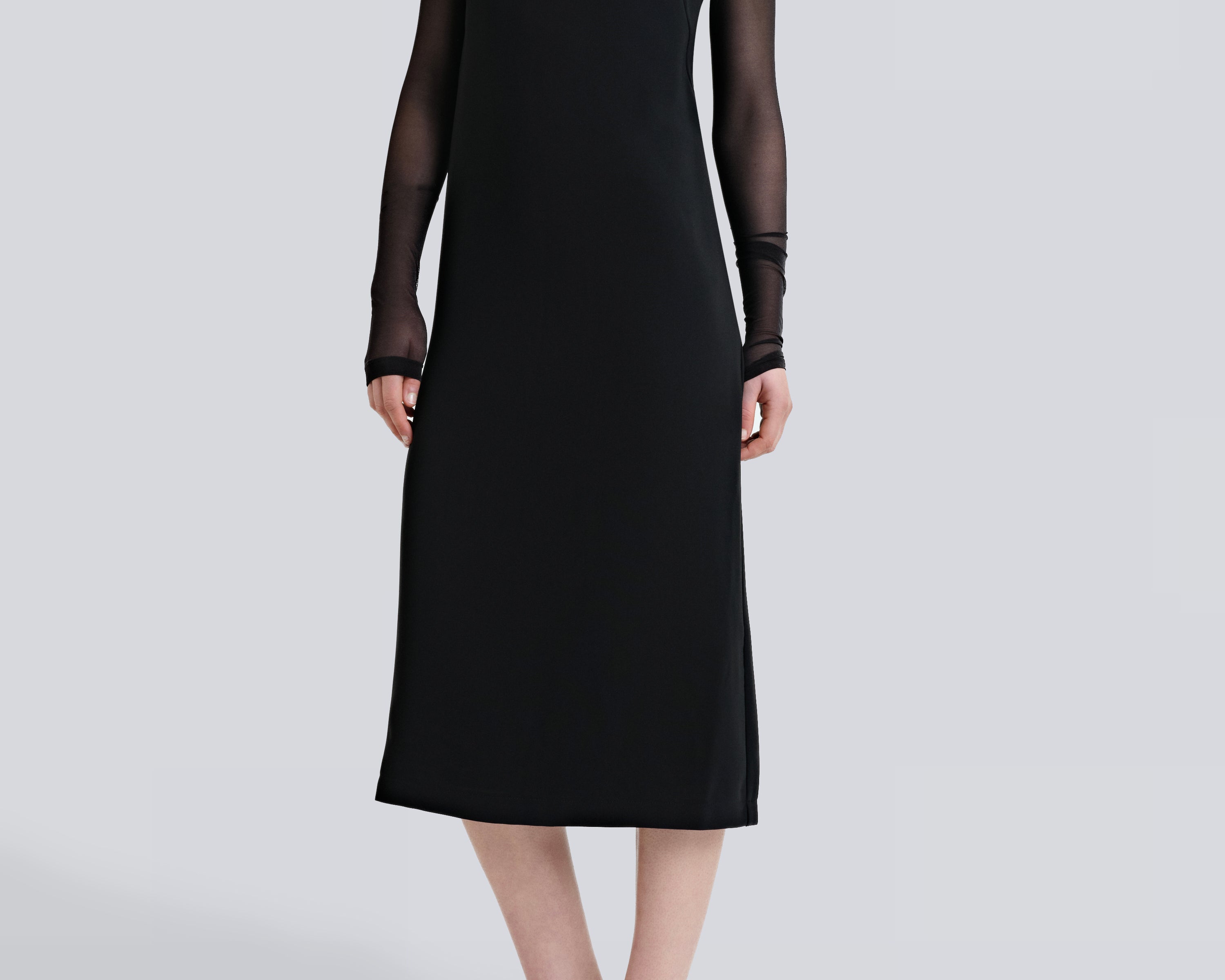 Şener Besim Y Back Dress in black — front view, midi length with V-neckline