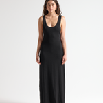 model in sener besim low scoop full length dress in black