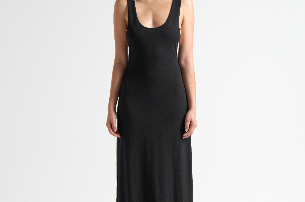 model in sener besim low scoop full length dress in black