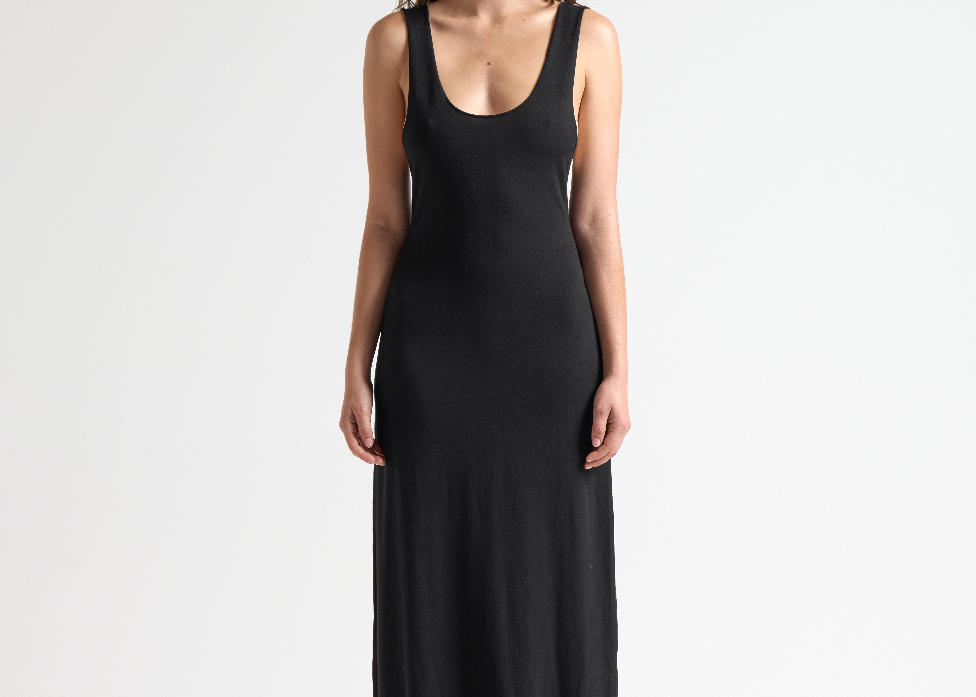 model in sener besim low scoop full length dress in black