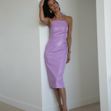 vegan leather halter tie up backless dress by sener besim mid length