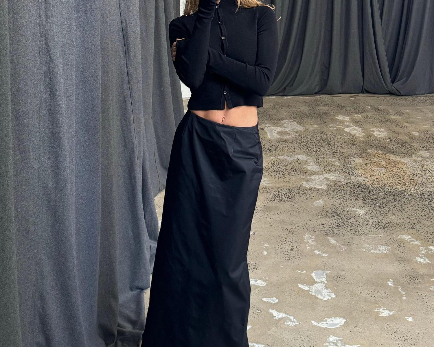 paris wycherley wearing sener besim pencil skirt long, the skirt is designed to sit at hip level and has a vent at centre back
