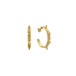 A pair of gold hoop earrings with multiple spikes on the hoop, displayed against a white background.