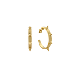 A pair of gold hoop earrings with multiple spikes on the hoop, displayed against a white background.