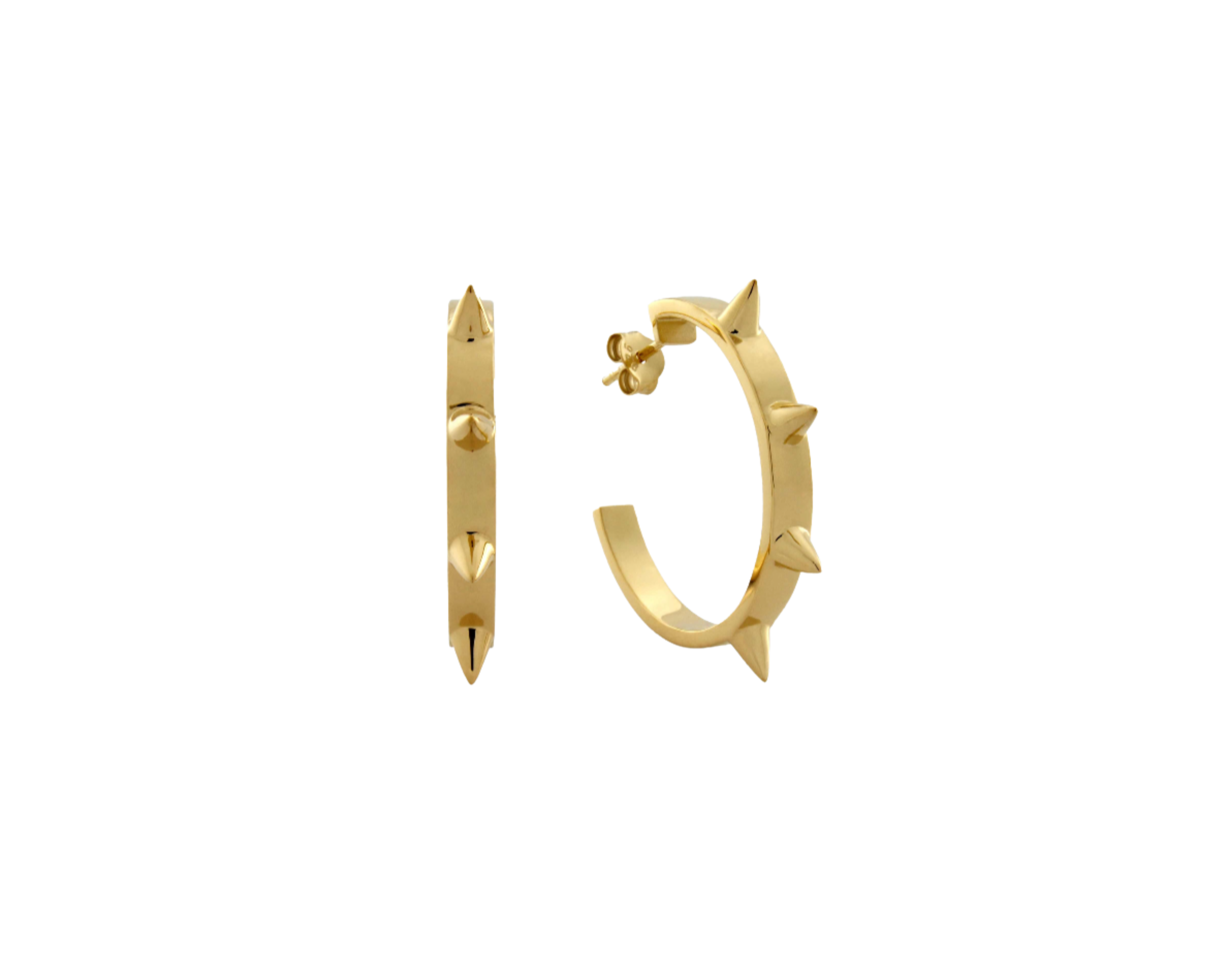 A pair of gold hoop earrings with multiple spikes on the hoop, displayed against a white background.
