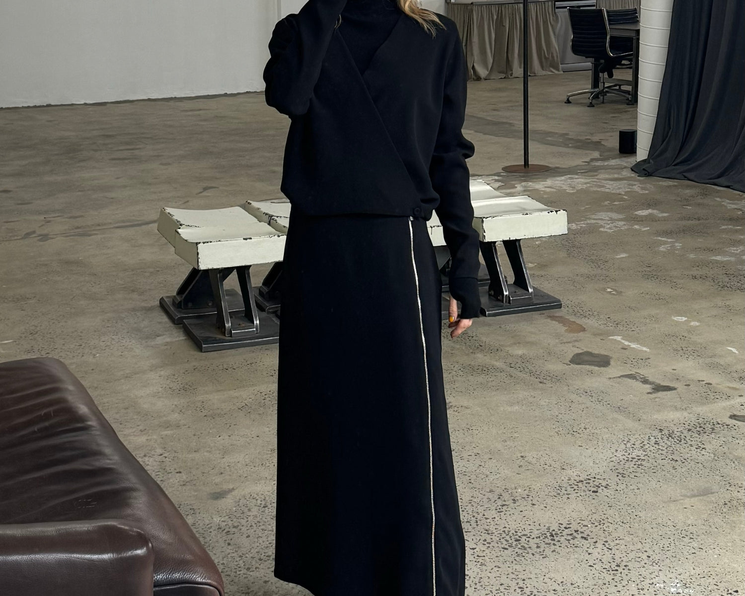 paris wycherley wearing sener besim side zip skirt