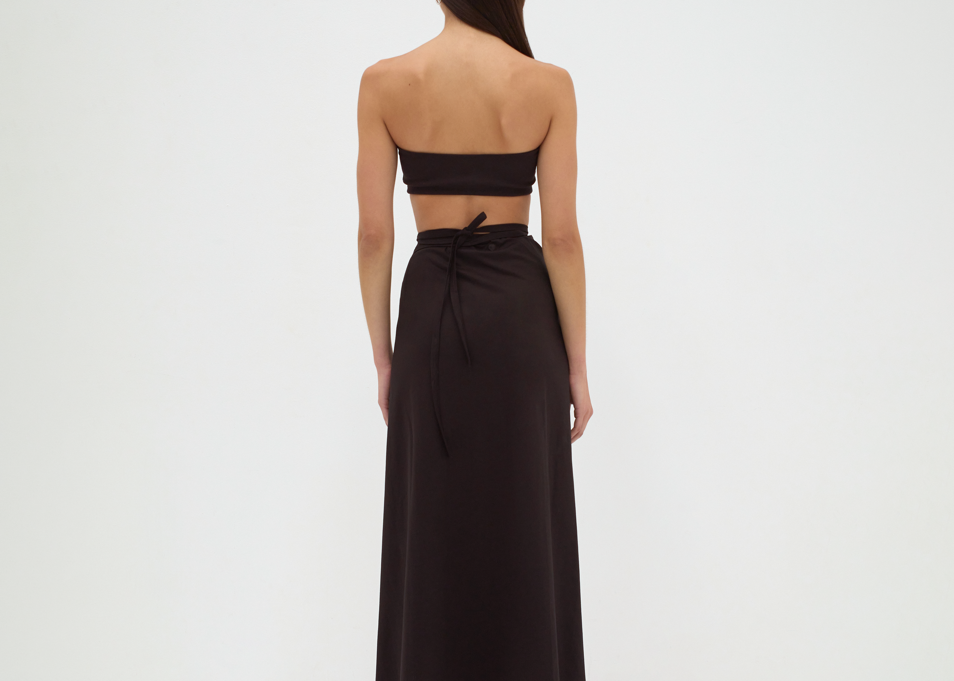 Black wrap midi skirt in cotton - tie waist detail, back view