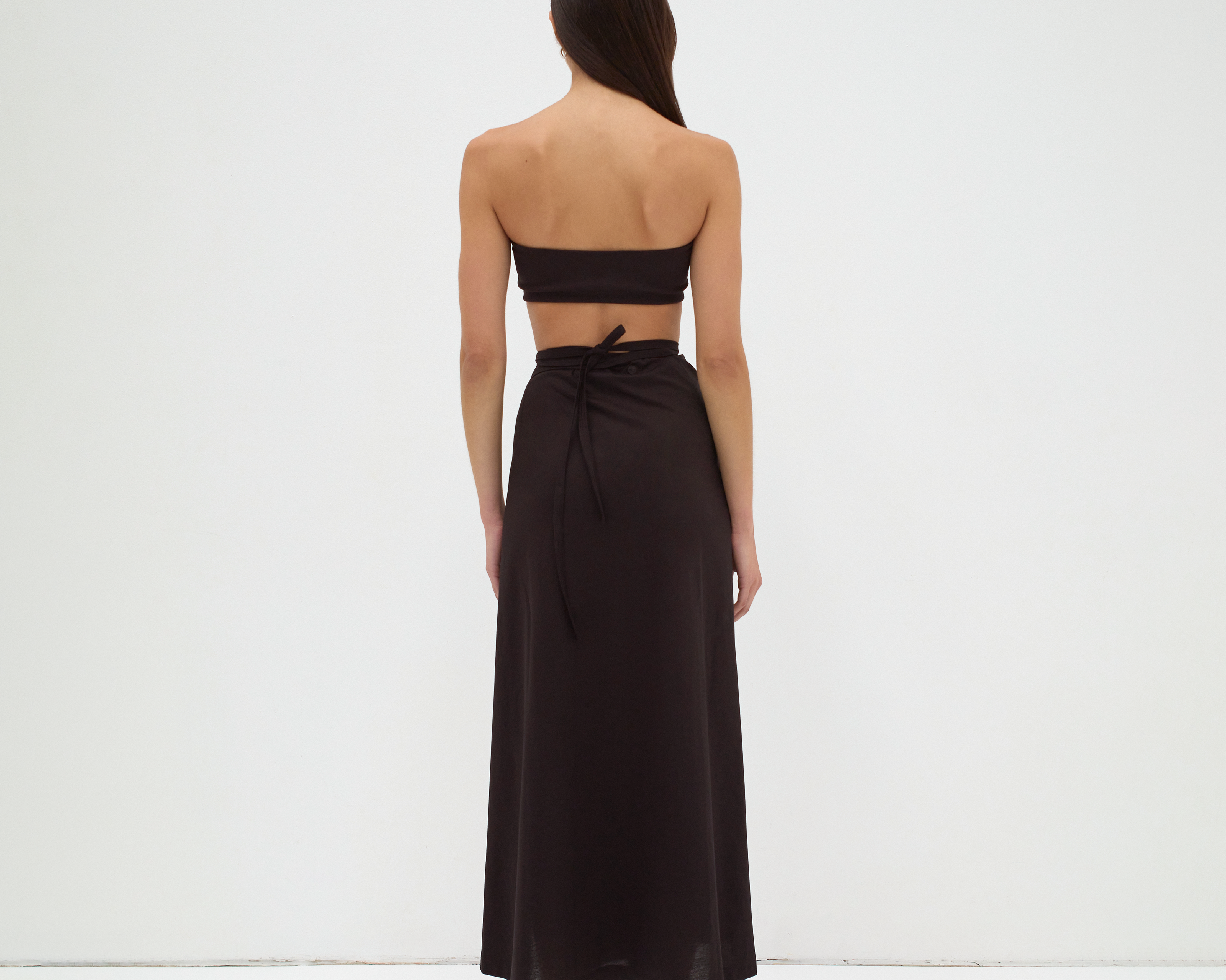 Black wrap midi skirt in cotton - tie waist detail, back view