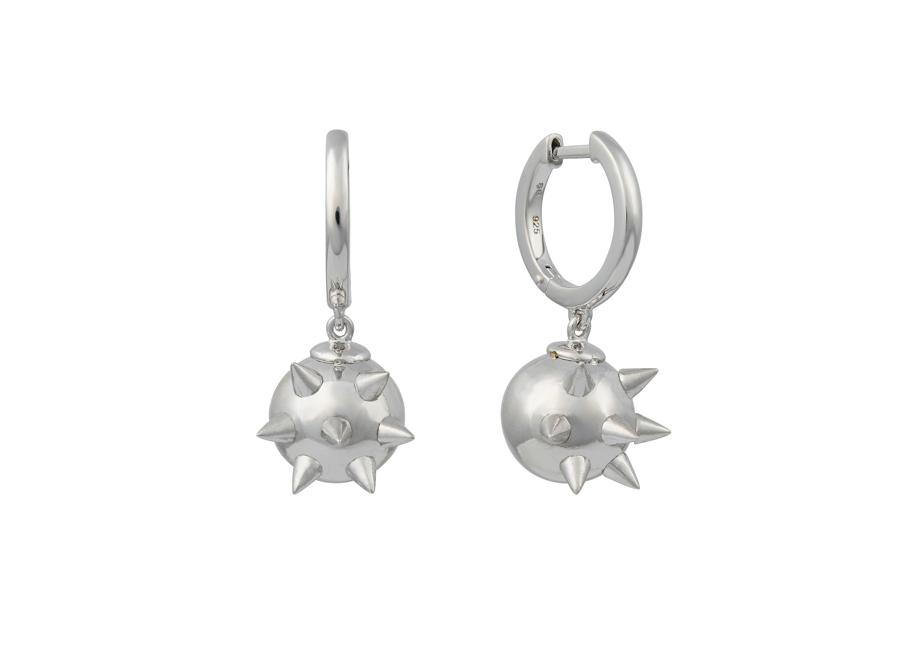 Şener Besim Ball Spike Earrings silver, ball charm with spike detail close up