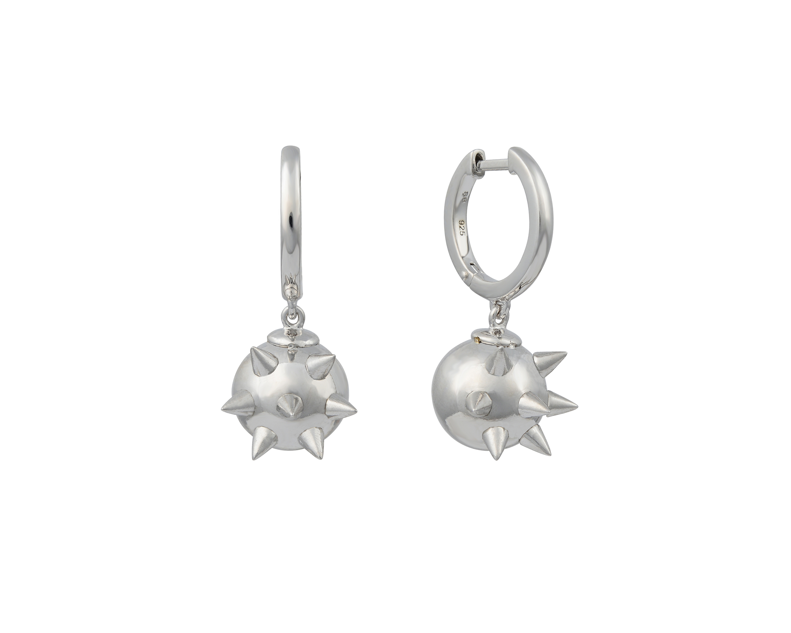 Şener Besim Ball Spike Earrings silver, ball charm with spike detail close up