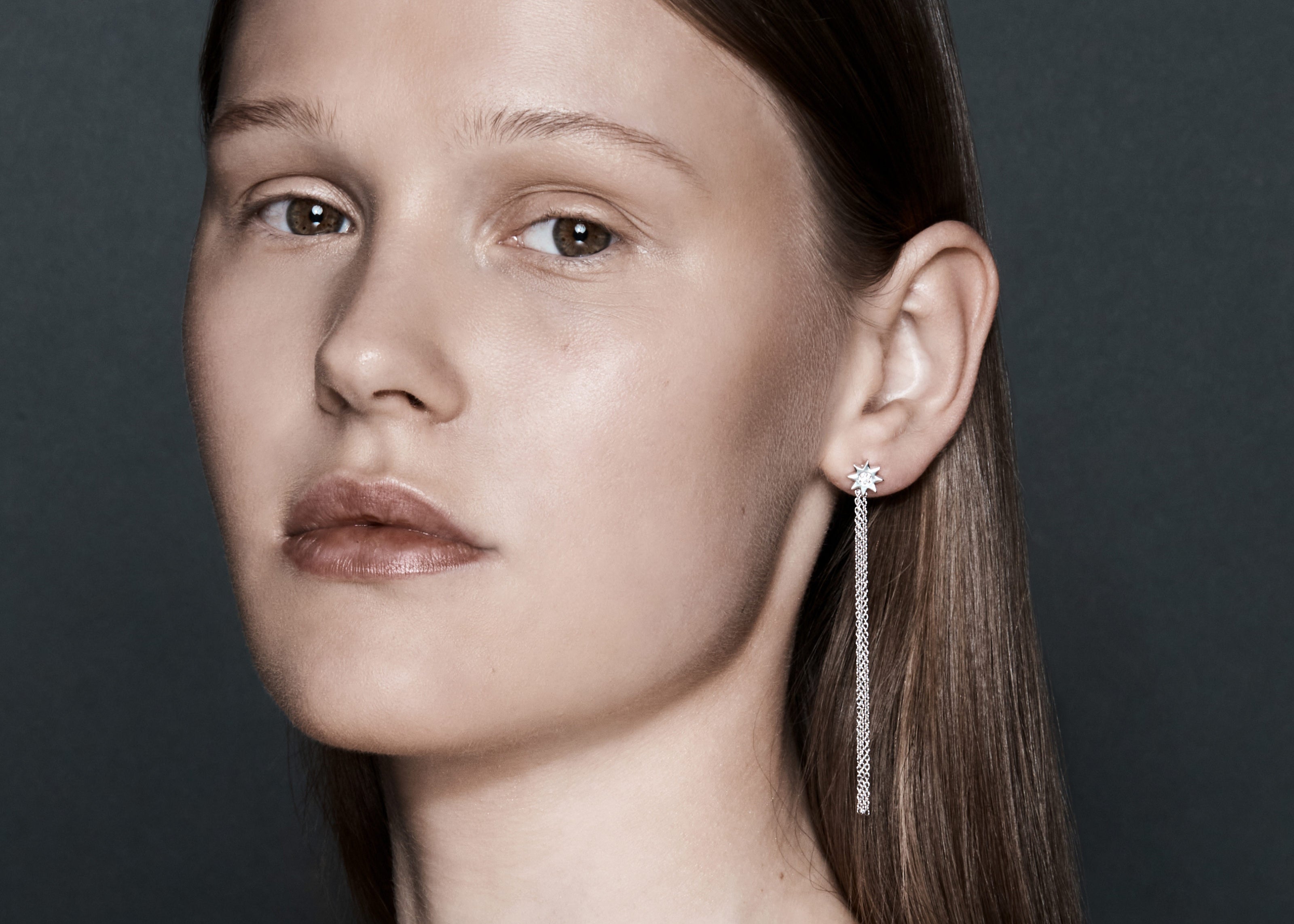 Şener Besim Constellation Chain Diamond Stud silver worn on model — Constellation Series