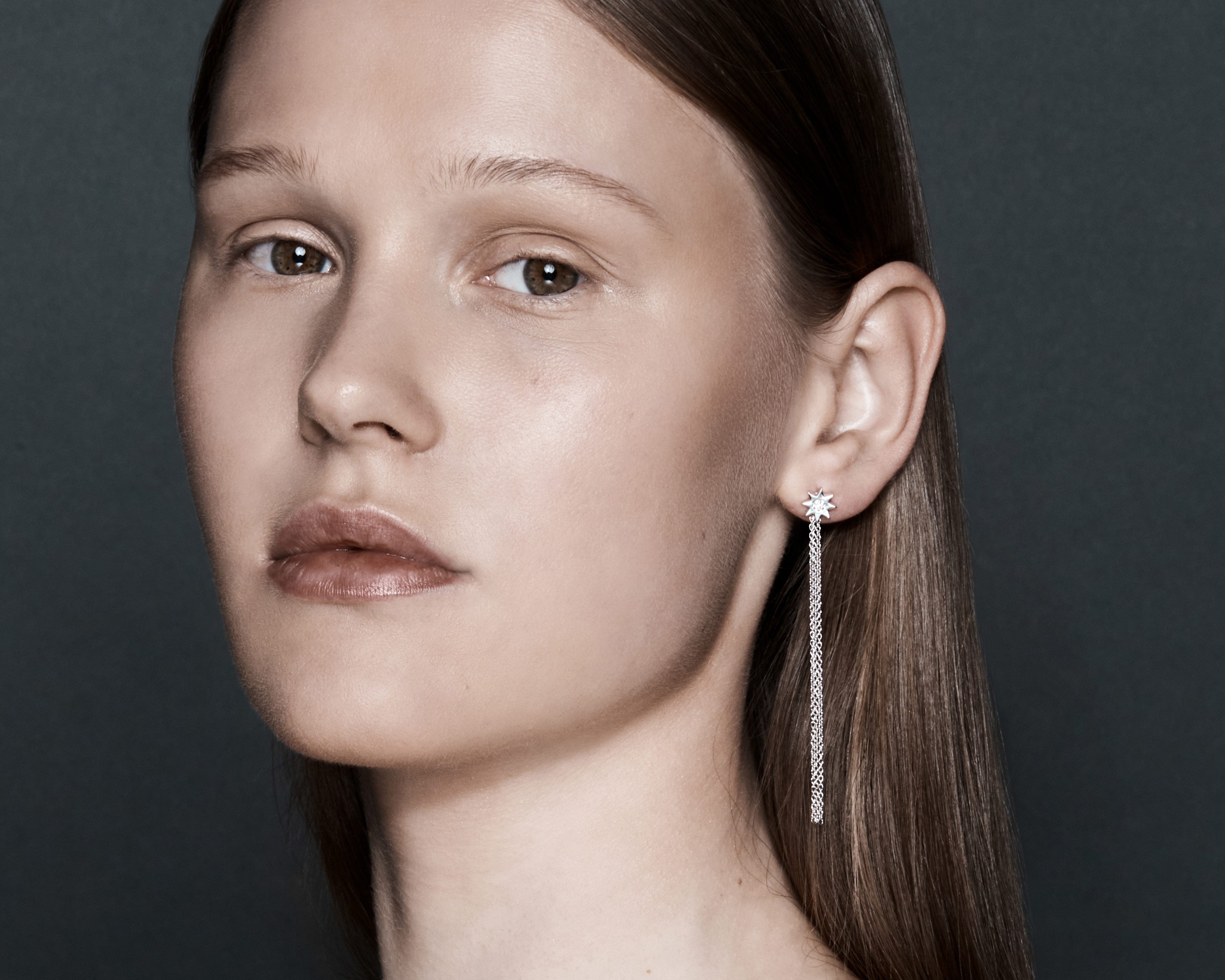 Şener Besim Constellation Chain Diamond Stud silver worn on model — Constellation Series