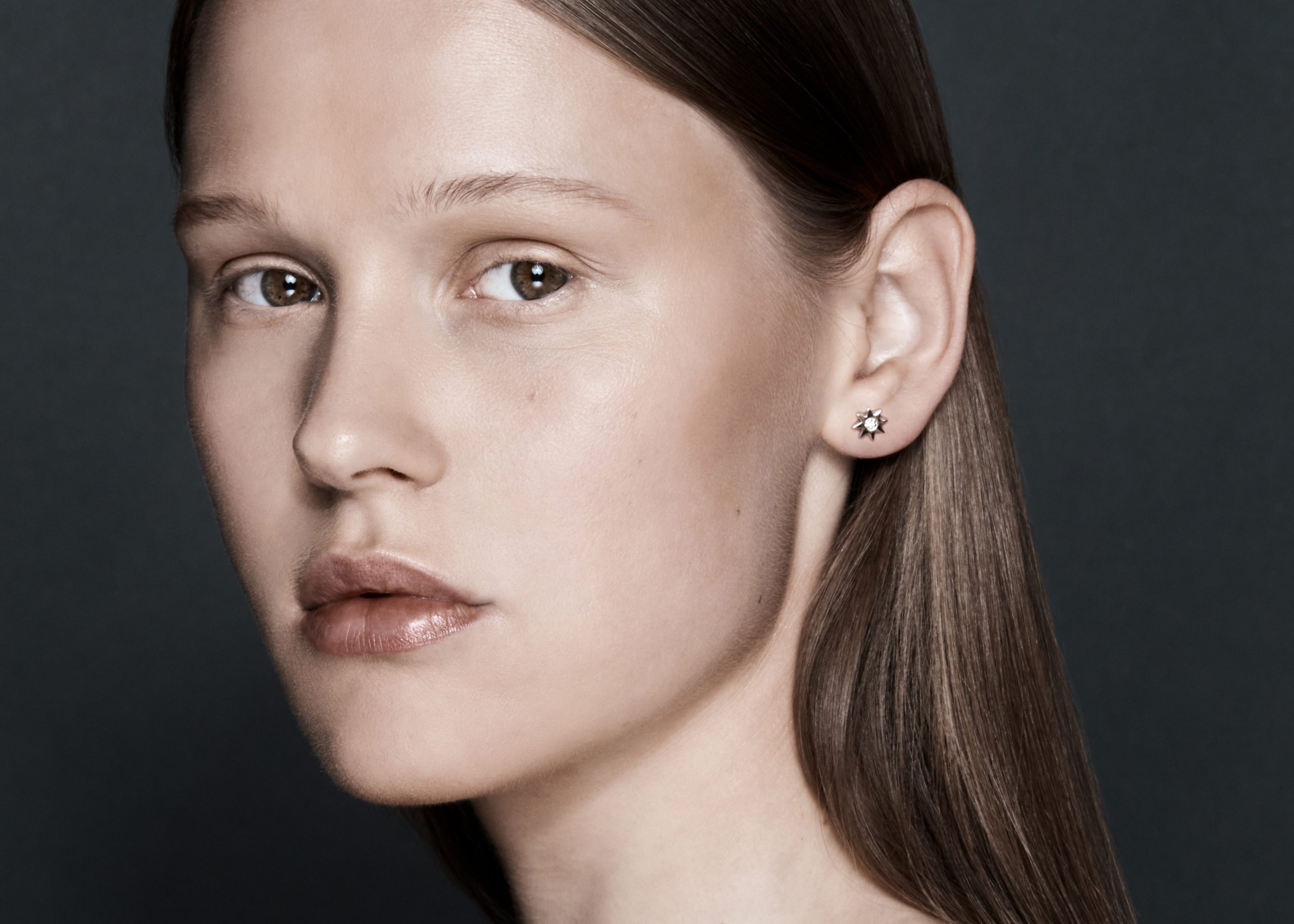 Şener Besim Large Constellation Diamond Stud silver worn on ear, editorial shot