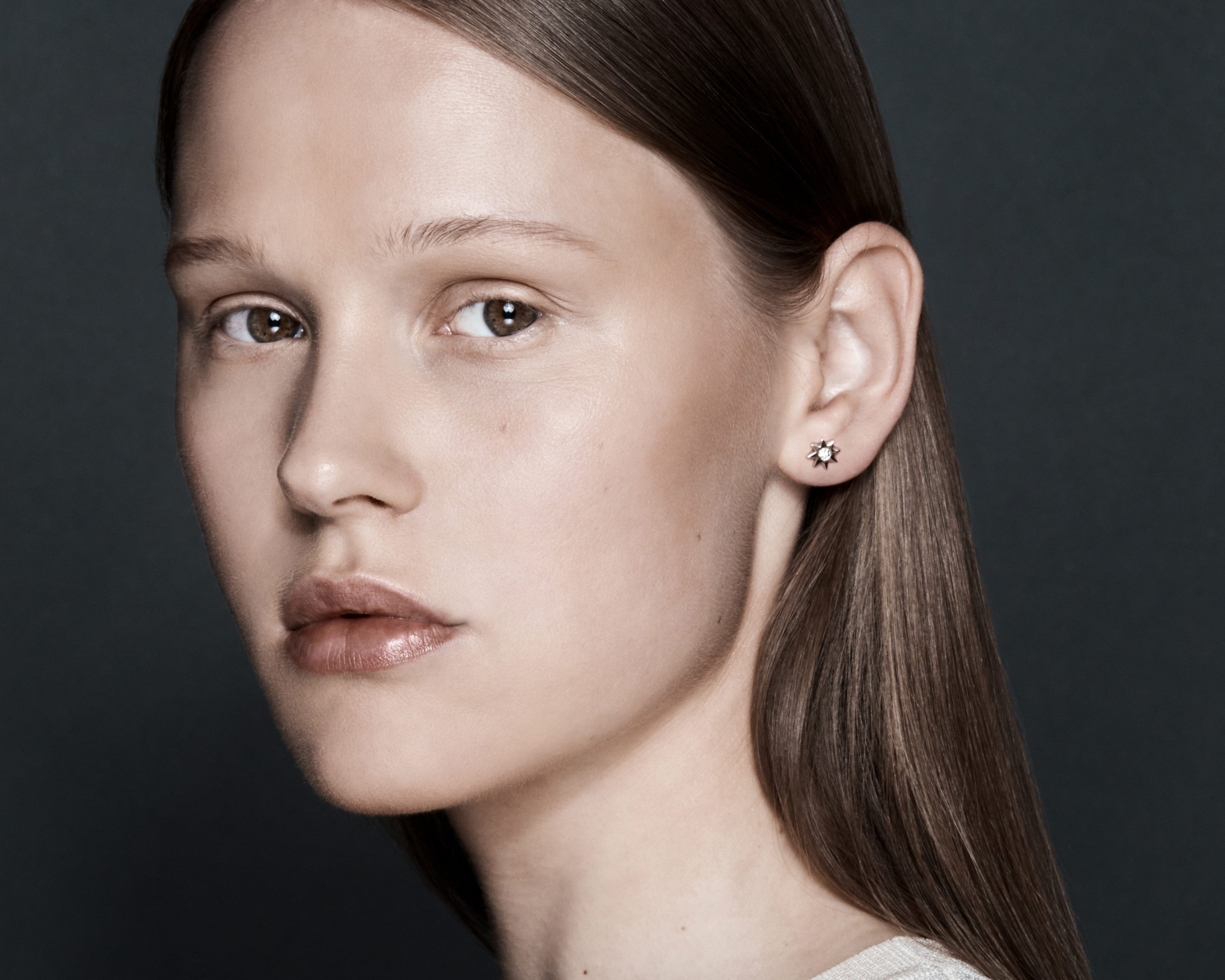 Şener Besim Large Constellation Diamond Stud silver worn on ear, editorial shot