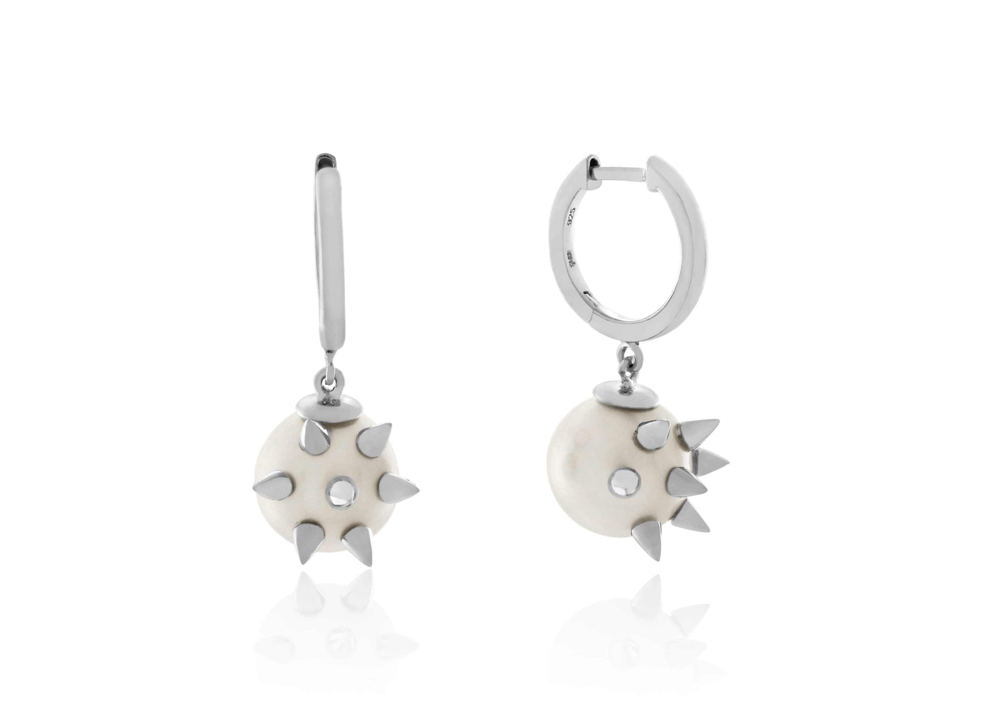 Şener Besim Pearl Spike Earring in silver rhodium plating, flat lay