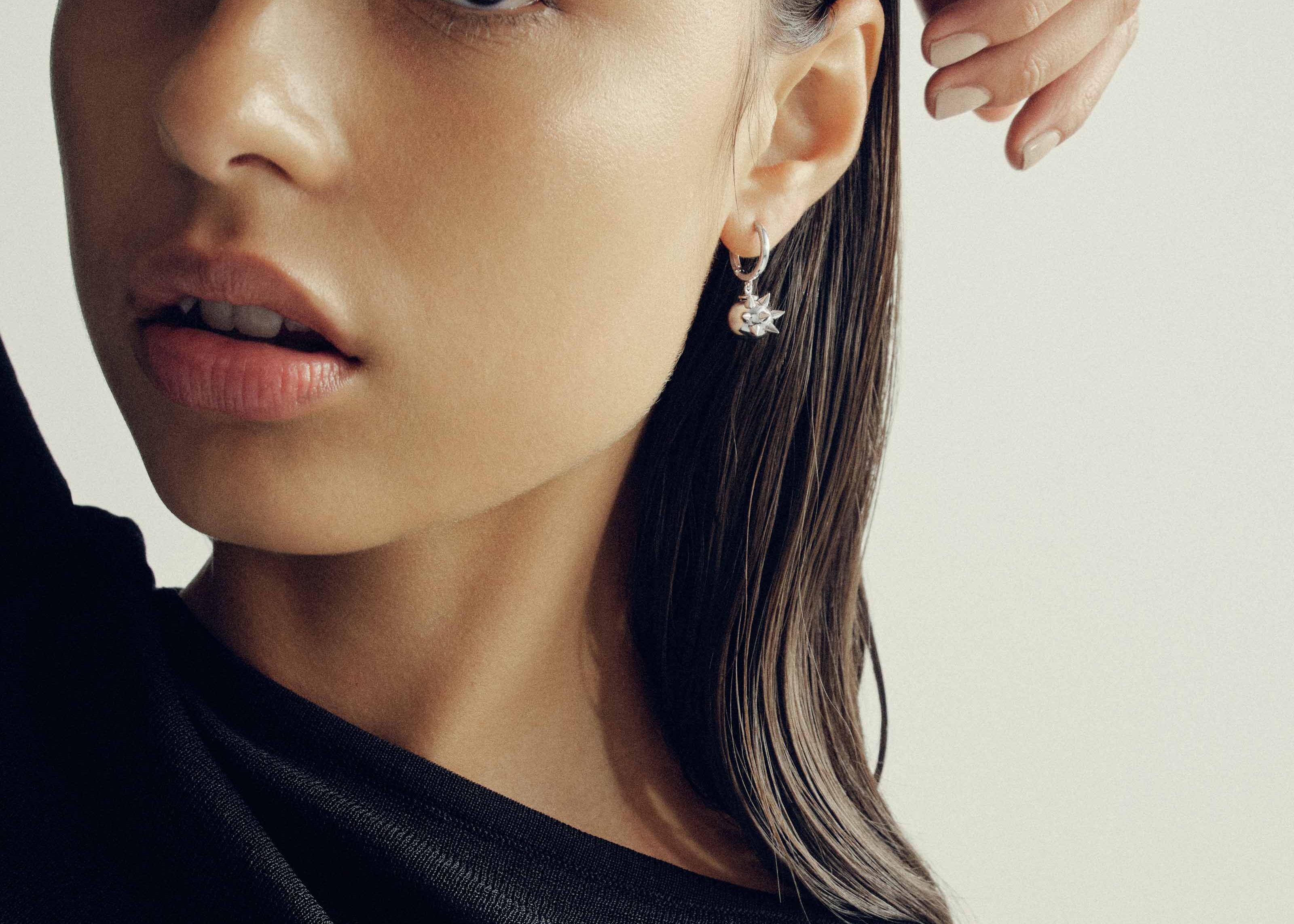 Şener Besim Pearl Spike Earring in silver rhodium plating, worn editorial shot