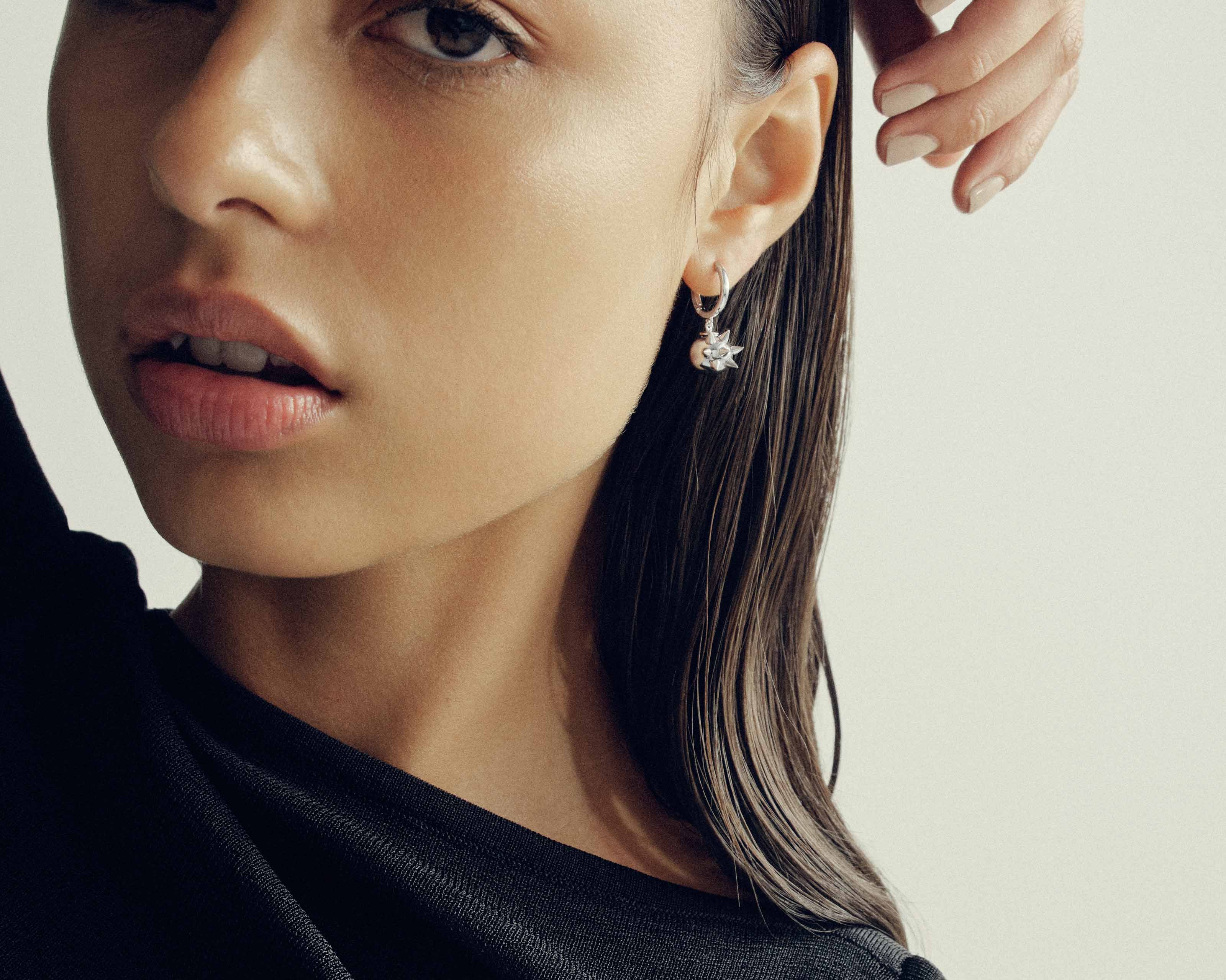 Şener Besim Pearl Spike Earring in silver rhodium plating, worn editorial shot