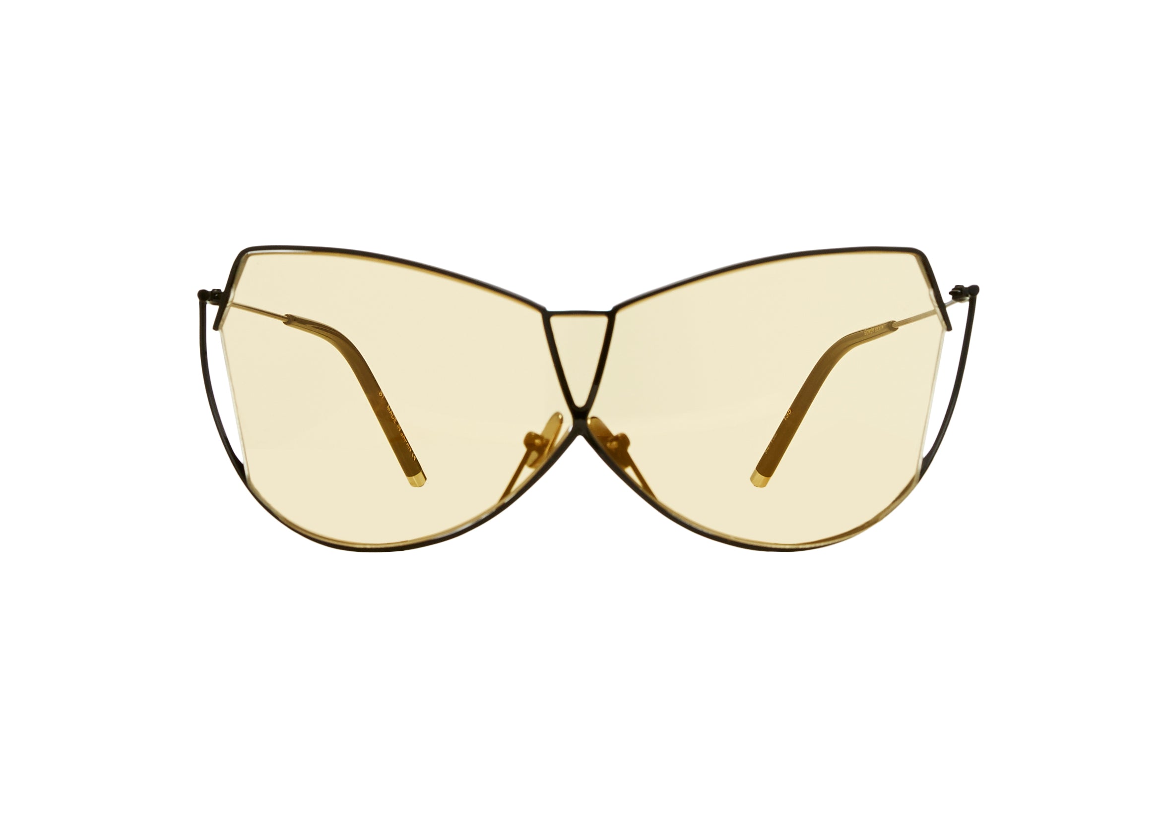 Şener Besim S1 sunglasses in nero and champagne, aviation grade titanium, flat lay