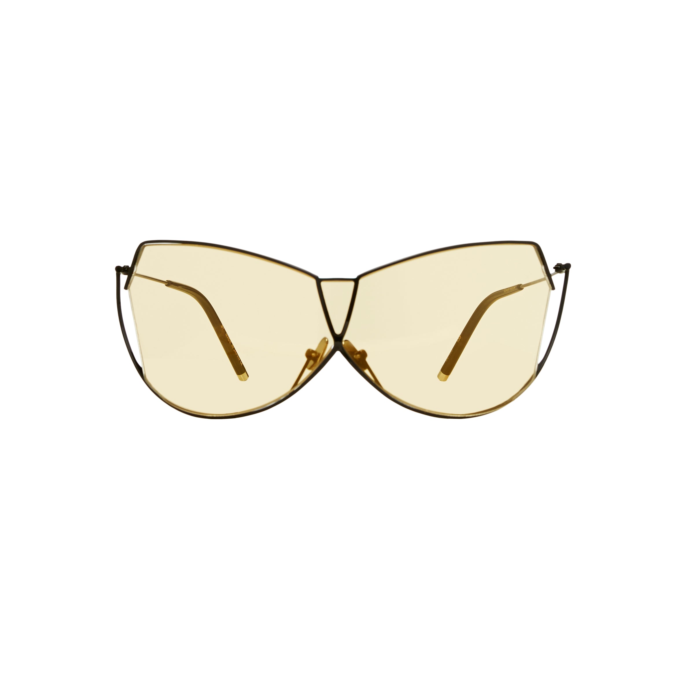 Şener Besim S1 sunglasses in nero and champagne, aviation grade titanium, flat lay