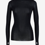 Fitted black sheer crewneck top with long sleeves and thumbhole cut-outs, front view — Şener Besim