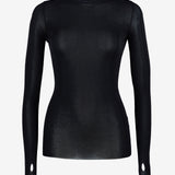 Fitted black sheer crewneck top with long sleeves and thumbhole cut-outs, front view — Şener Besim