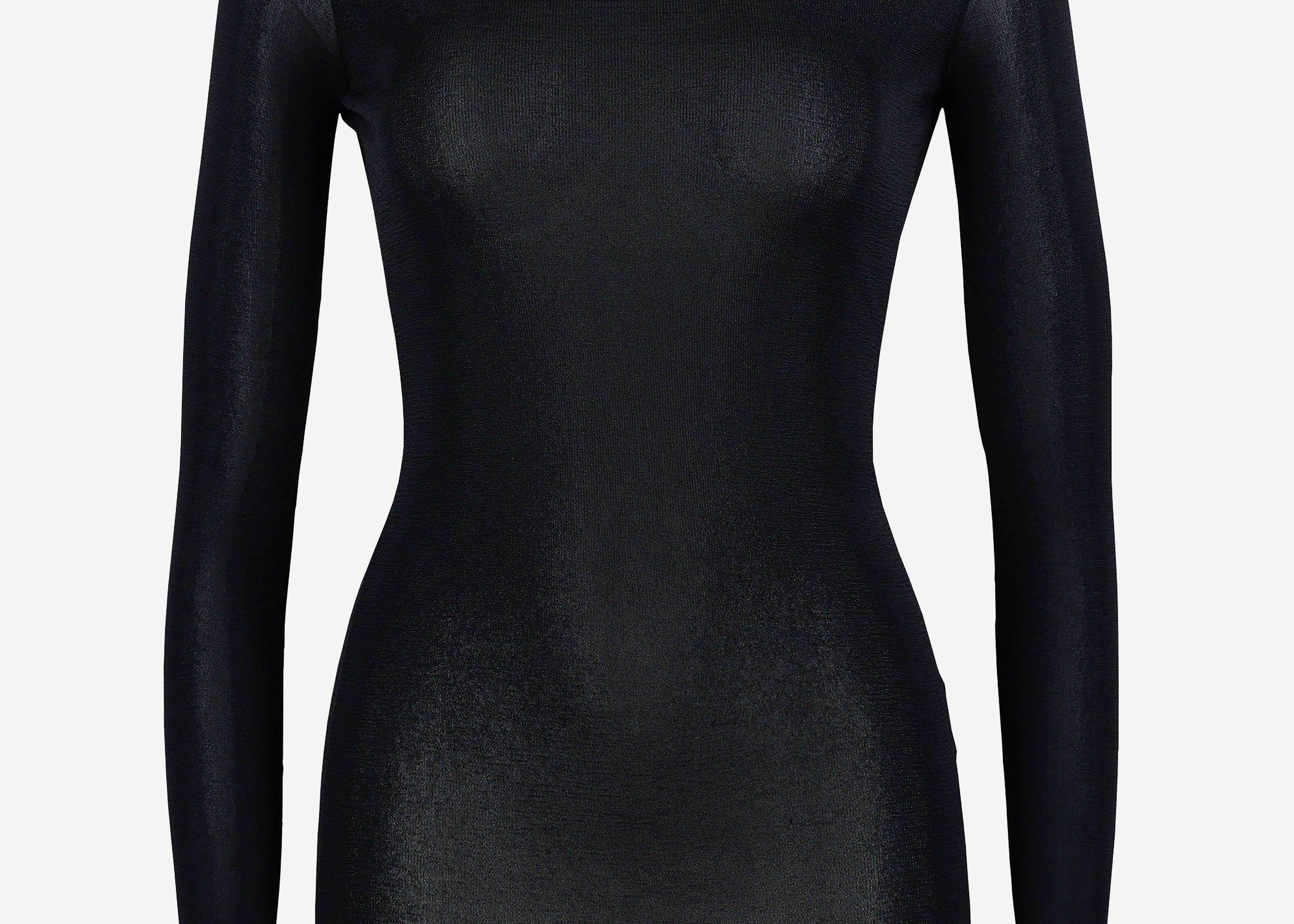 Fitted black sheer crewneck top with long sleeves and thumbhole cut-outs, front view — Şener Besim