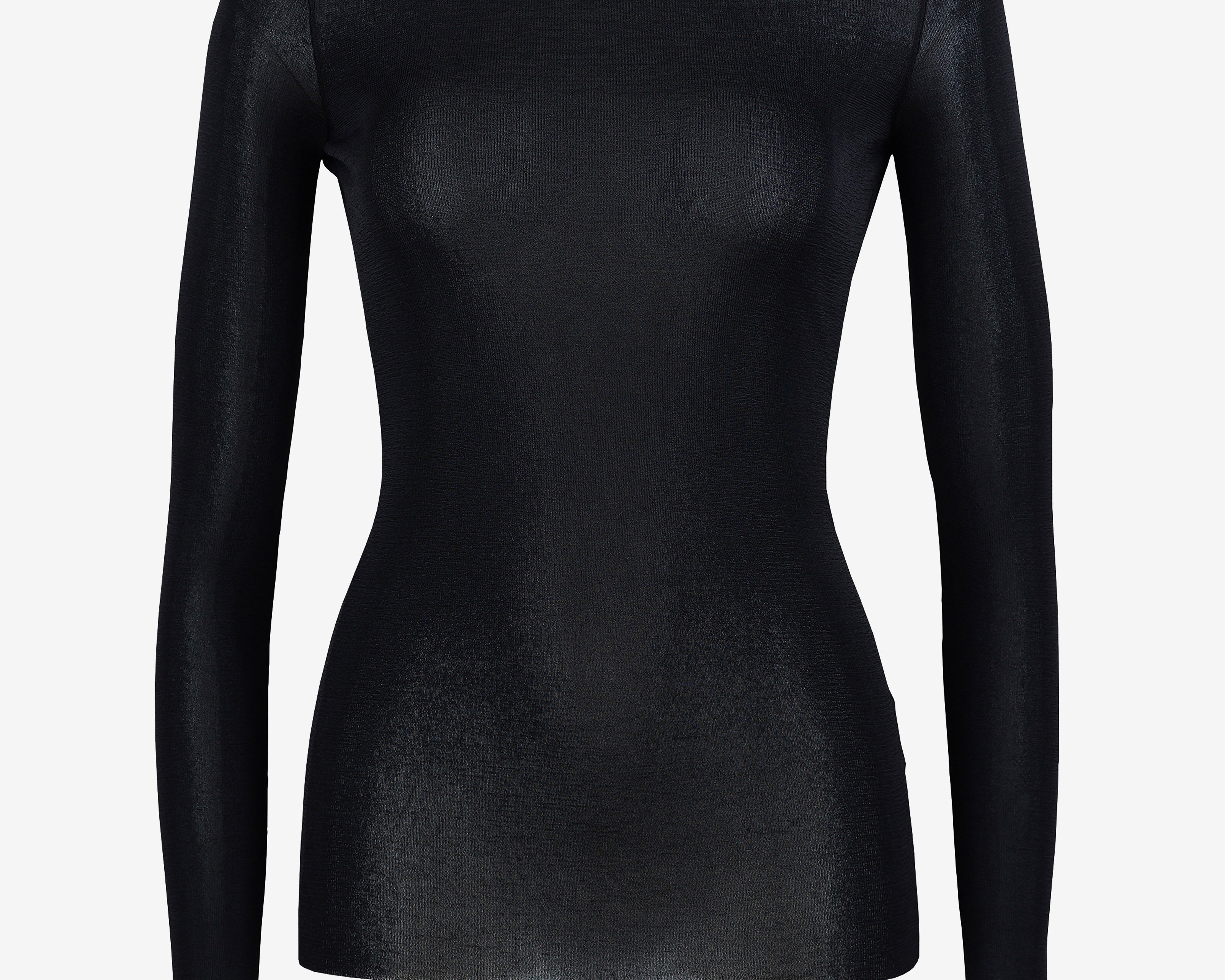 Fitted black sheer crewneck top with long sleeves and thumbhole cut-outs, front view — Şener Besim