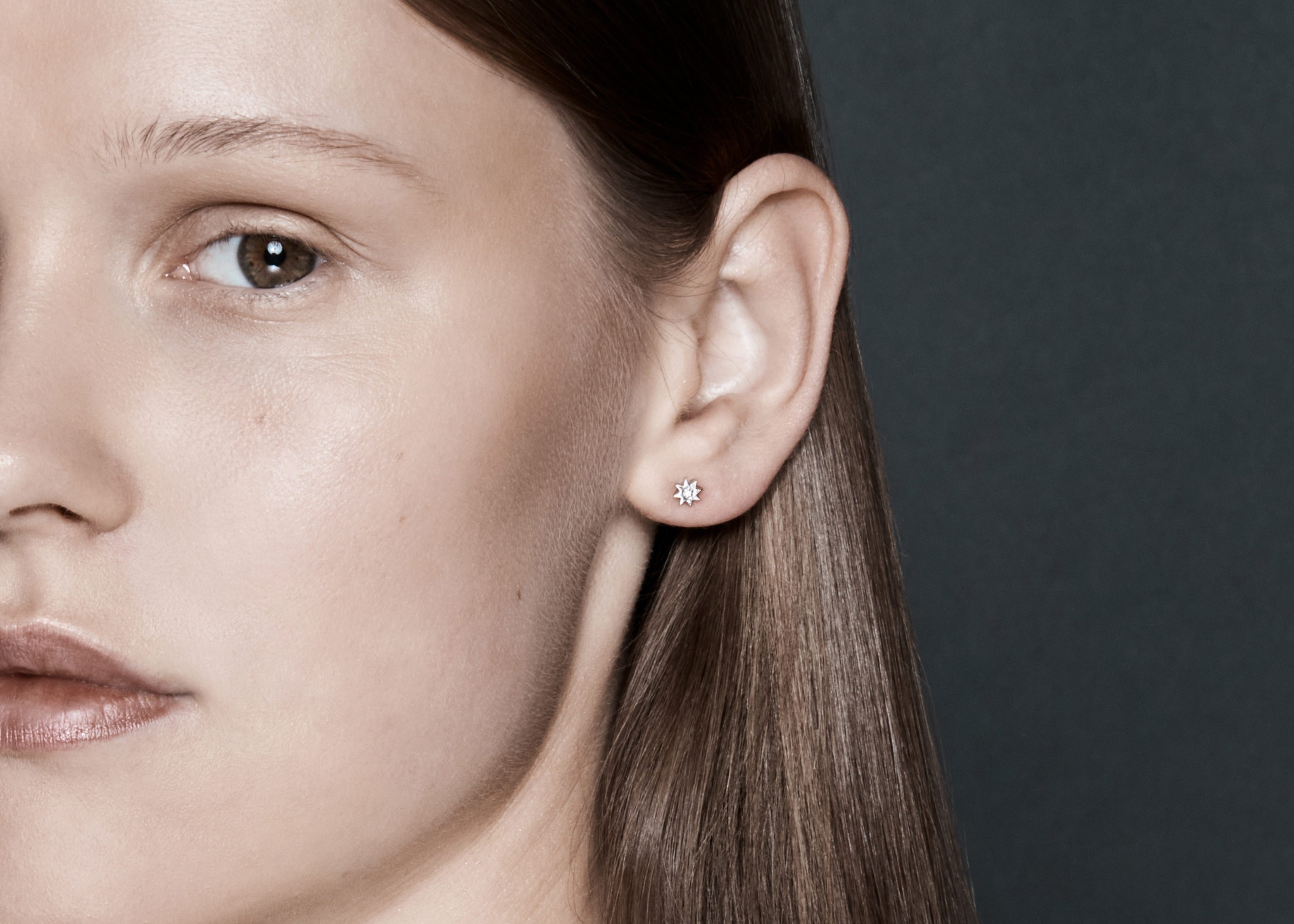 Şener Besim Small Constellation Diamond Stud silver worn, close up editorial