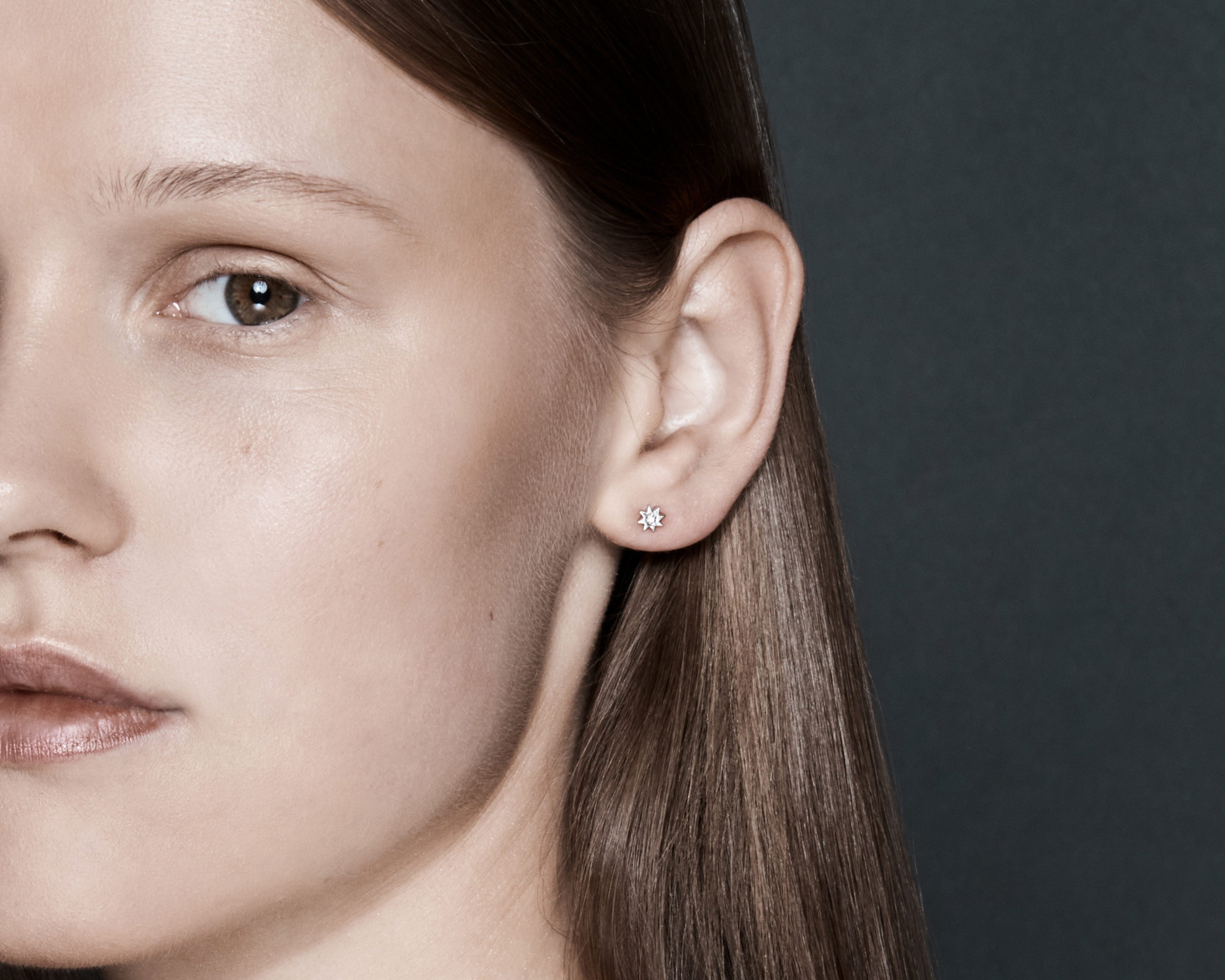 Şener Besim Small Constellation Diamond Stud silver worn, close up editorial