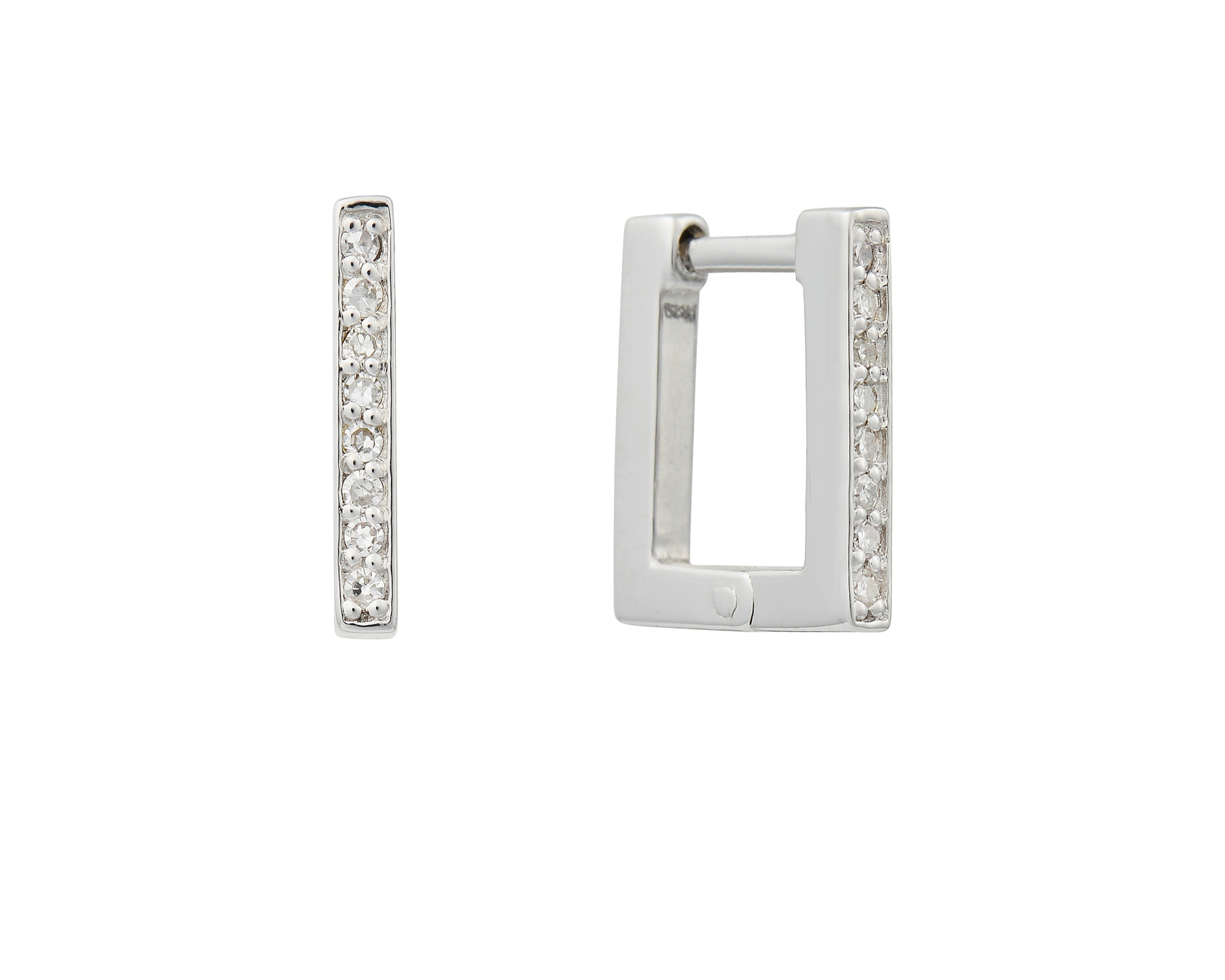 Şener Besim Square Pavé Huggies in silver rhodium plating with white diamonds, flat lay