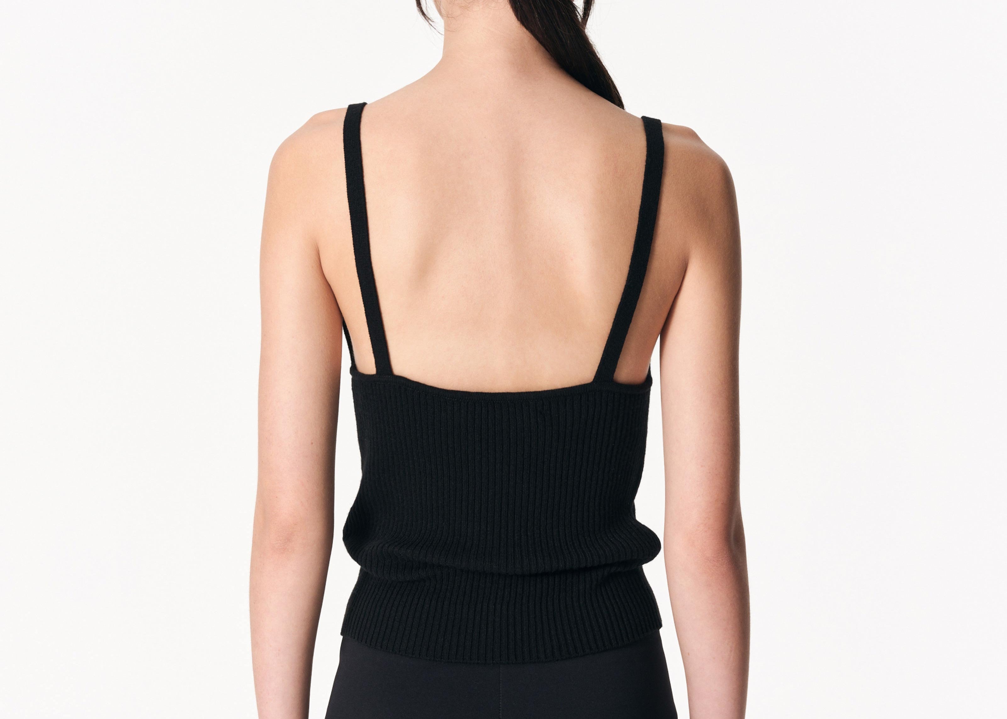 ribbed singlet cashmere blend with low back worn on model by sener besim