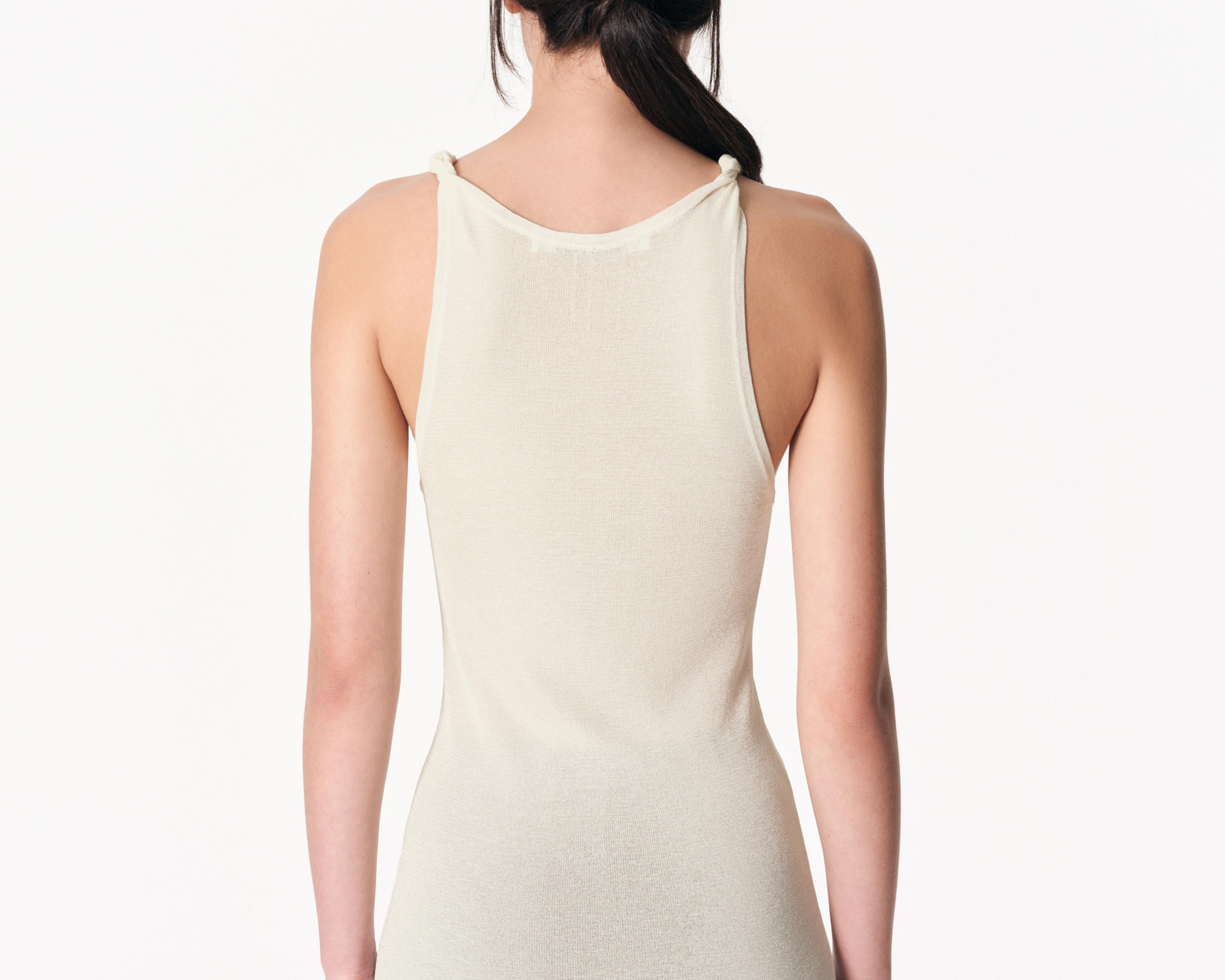 Twisted strap singlet ecru back view — Şener Besim