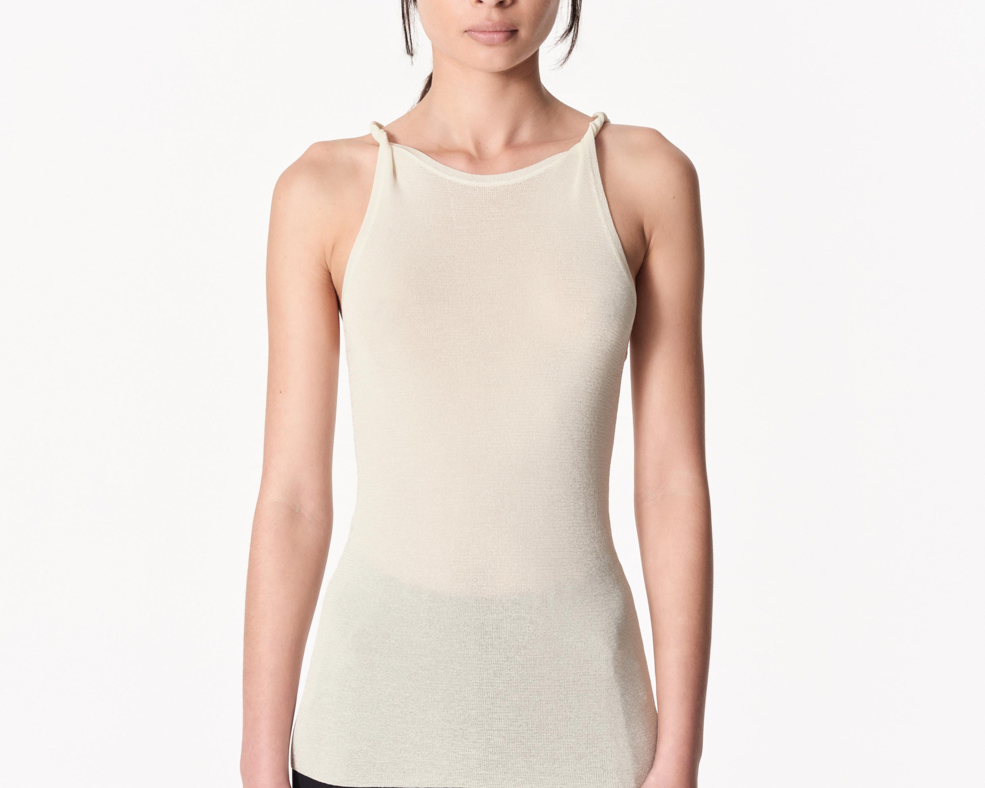 Twisted strap singlet ecru front view — Şener Besim
