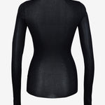 Black viscose thumbhole crewneck top styled, front view — Şener Besim