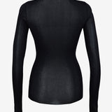 Black viscose thumbhole crewneck top styled, front view — Şener Besim