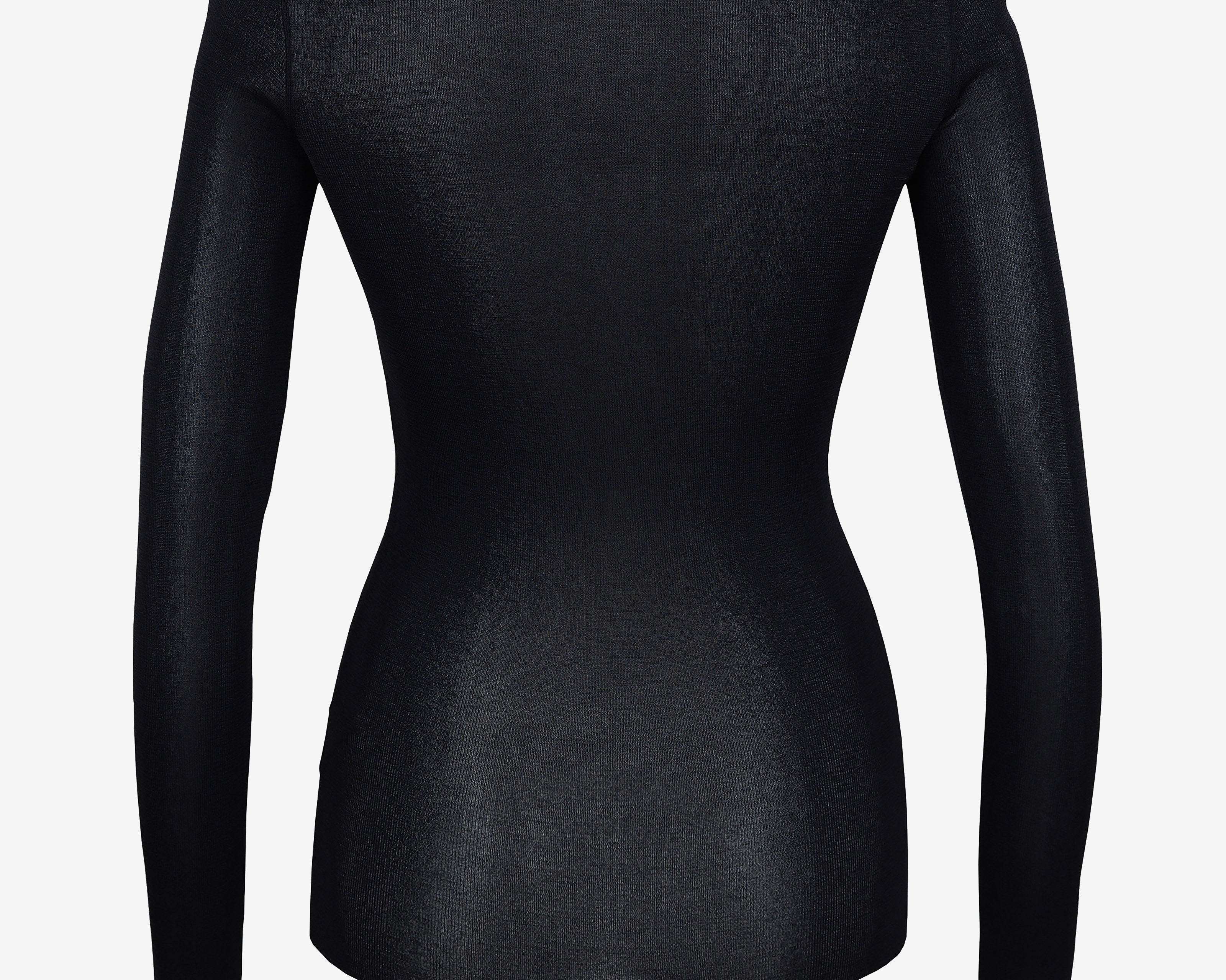 Black viscose thumbhole crewneck top styled, front view — Şener Besim